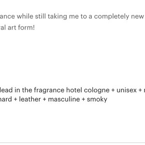 May include: A row of small, dark glass bottles with white labels and white caps. The text on the image reads "the couple found dead in the fragrance hotel cologne + unisex + natural witch hazel base + spikenard + leather + masculine + smoky."