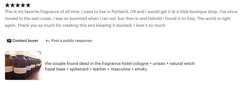 May include: A collection of dark glass bottles with white labels. The text on the image reads: "the couple found dead in the fragrance hotel cologne + unisex + natural witch hazel base + spikenard + leather + masculine + smoky."