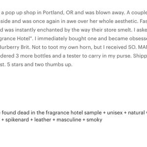 May include: A collection of small, clear glass perfume sample bottles with black caps. The bottles are arranged closely together, creating a textured, golden-toned surface. Text on the image reads "the couple found dead in the fragrance hotel sample + unisex + natural witch hazel base + spikenard + leather + masculine + smoky."