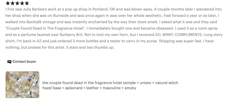 May include: A collection of small, clear glass perfume sample bottles with black caps. The bottles are arranged closely together, creating a textured, golden-toned surface. Text on the image reads "the couple found dead in the fragrance hotel sample + unisex + natural witch hazel base + spikenard + leather + masculine + smoky."