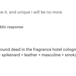 May include: A row of dark glass bottles with white labels, filled with a brown liquid. The text on the image reads: "the couple found dead in the fragrance hotel cologne + unisex + natural witch hazel base + spikenard + leather + masculine + smoky."
