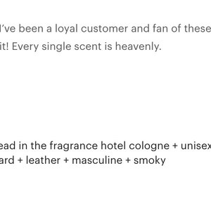 May include: An assortment of perfume bottles and a green box are displayed. The text on the image reads "the couple found dead in the fragrance hotel cologne + unisex + natural witch hazel base + spikenard + leather + masculine + smoky."