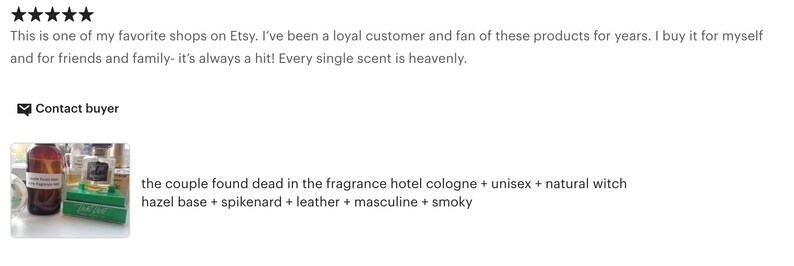 May include: An assortment of perfume bottles and a green box are displayed. The text on the image reads "the couple found dead in the fragrance hotel cologne + unisex + natural witch hazel base + spikenard + leather + masculine + smoky."