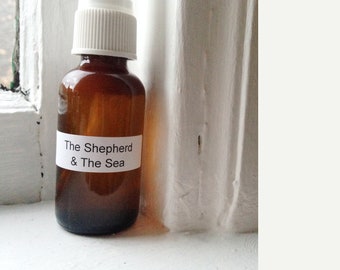 the shepherd and the sea perfume + unisex + natural witch hazel base + green tea + tomato leaf + absinthe + ambergris