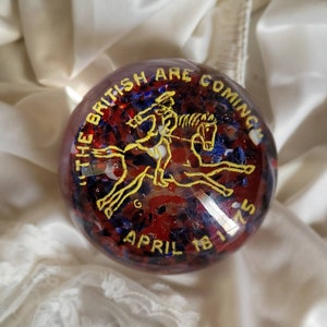 John Gentile Paul Revere Glass Paperweight The British Are Coming | Red White Blue Midnight Ride 70s Art Glass Paperweight April 18 1775