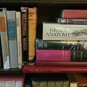 May include: A bookshelf filled with various books, including "Gray's Anatomy", "Steppenwolf", "Millennial Women", and "My Mission in Israel".