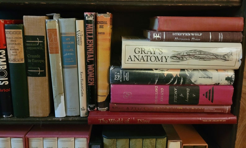 May include: A bookshelf filled with various books, including "Gray's Anatomy", "Steppenwolf", "Millennial Women", and "My Mission in Israel".