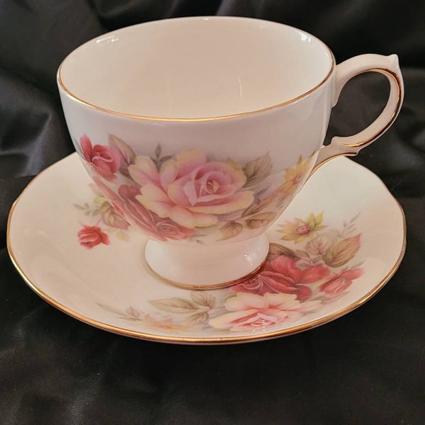 Queen Anne Pink Roses Bone China Teacup Saucer Set #8517 | Gilt Edge Footed Tea Cup Fine China England Two Tone Rose G57 1 & 2