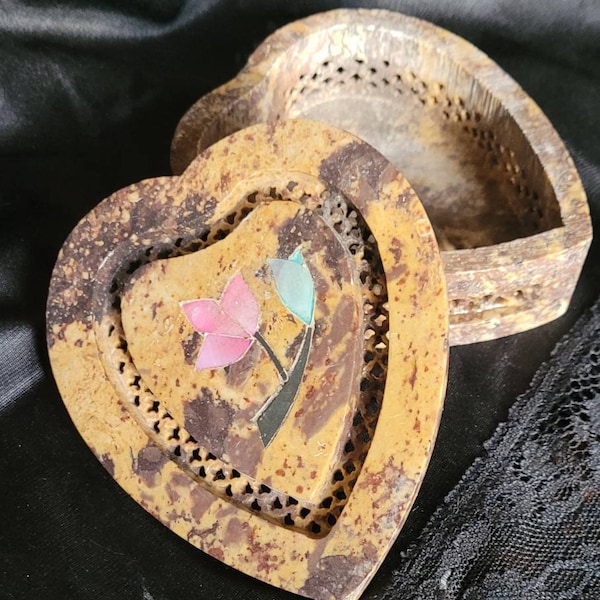 Carved Mother of Pearl Inlay Soapstone Heart Shaped Box | Jewelry Trinket Box with Pierced Lid Pink & Green Flower Natural Stone Hand Made