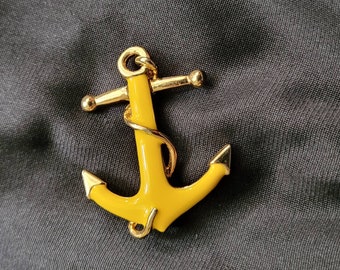 Yellow Enamel Danecraft Anchor Brooch Vintage 1970s | Signed 70s Designer Costume Jewelry Nautical Pin Gold Tone Handcrafted Rare Brooch