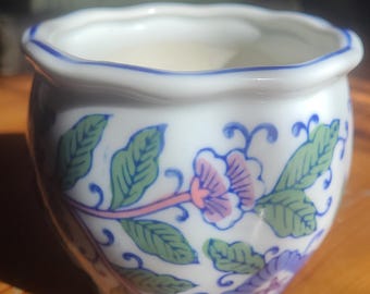 Blue & White Ceramic Flower Pot, Chinoiserie, Pink Floral Planter for Bamboo, Bonsai