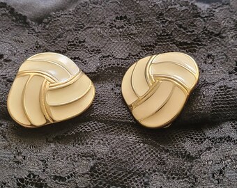 Trifari Earrings, Cream Enamel & Goldtone Clip-Ons | Vintage Designer Costume Jewelry