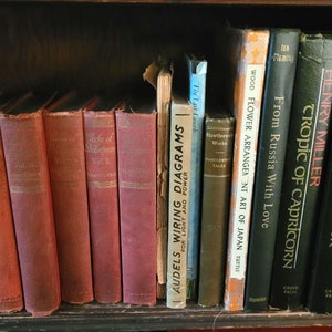 May include: A bookshelf filled with a variety of books, including several with red spines and a few with black spines. The titles of some of the books are visible, including "Tropic of Cancer", "Tropic of Capricorn", "Black Spring", and "From Russia With Love".