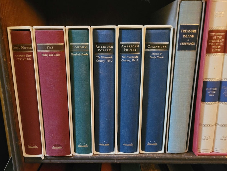 May include: A bookshelf with a variety of hardcover books, including "Crime Novel", "Poe", "London", "American Poetry", "Treasure Island", and "The History of the Decline and Fall of the Roman Empire".