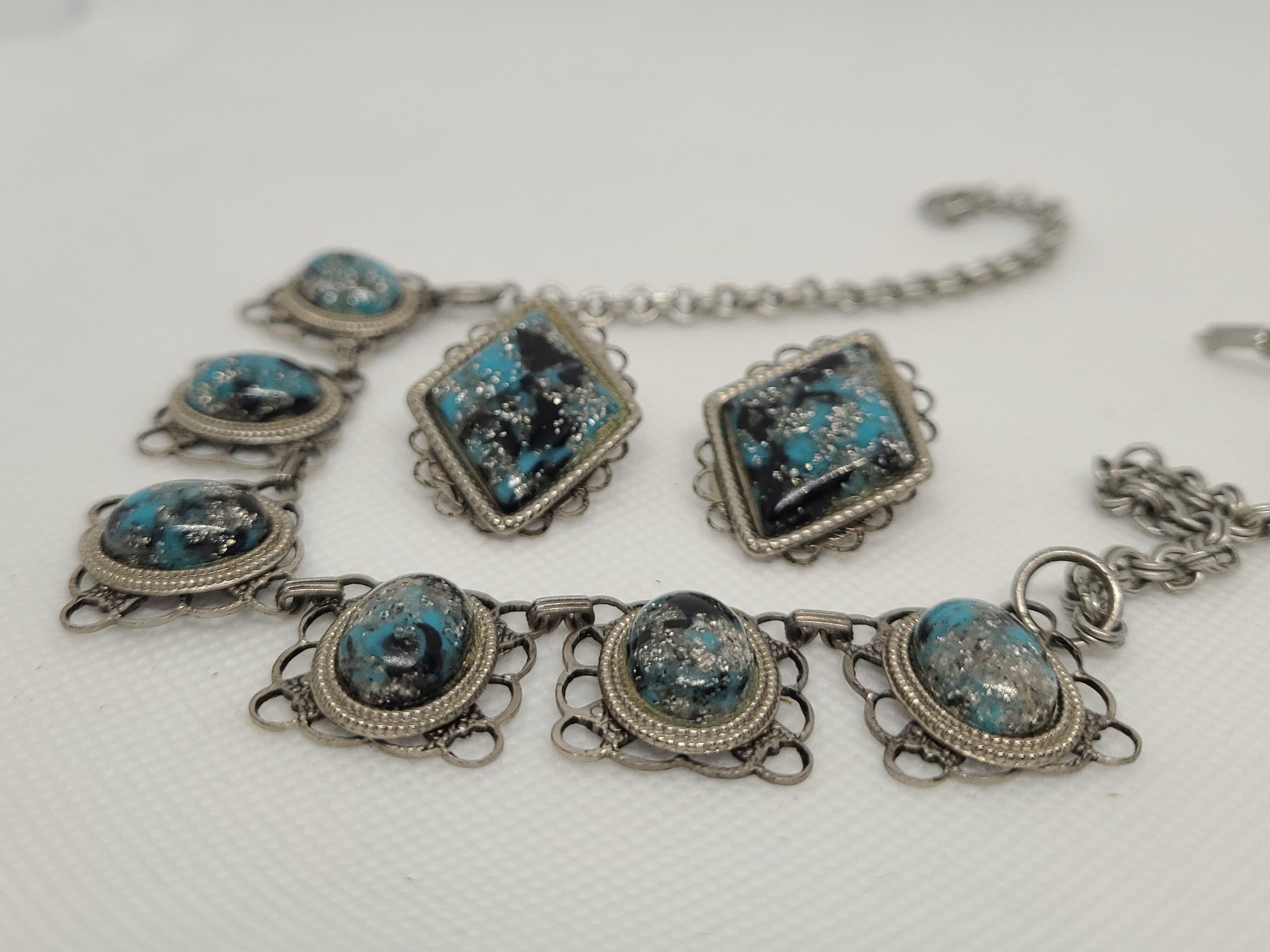 Blue Confetti Lucite Clip-on Earrings & 14" Necklace Demi Parure Set | 1950s Faux Turquoise and Black Cabochons with Silver Sparkles