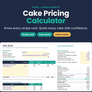 Calculadora de precios de pasteles, hoja de cálculo de costos de recetas de panadería, seguimiento de pedidos, Excel y Google Sheets
