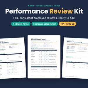 Employee Performance Review Template, Self Evaluation Form, PIP, Write Up, Scorecard Spreadsheet & Word