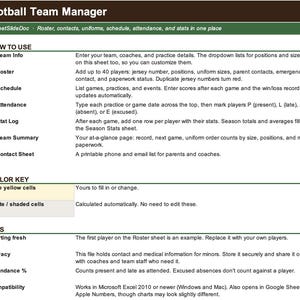 Könnte beinhalten: Ein digitales Dokument mit dem Titel Football Team Manager von SheetSlideDoc. Es enthält Anweisungen zur Verwaltung von Teamlisten, Kontakten, Uniformen, Zeitplänen, Anwesenheiten und Statistiken. Enthält einen Farbschlüssel für Zellen.