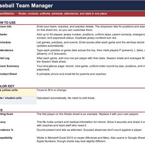 Peut inclure: Un document numérique intitulé Baseball Team Manager par SheetSlideDoc. Il fournit des instructions pour gérer les effectifs, les contacts, les uniformes, les calendriers, les présences et les statistiques. Il inclut des sections d'utilisation et conseils.