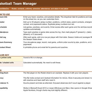 May include: A digital Basketball Team Manager spreadsheet template by SheetSlideDoc. The document includes sections for team info, roster, schedule, attendance, stat log, team summary, contact sheet, a colour key, and usage tips for sports management.
