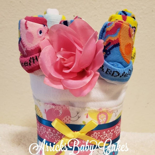 The "Pastel Friends" Baby Girl Cloth Diaper Cake~Baby Socks~Baby Shower Gifts~Gerber~ArricksBabyCakes~Free Shipping~Pink Pig~Baby Gifts