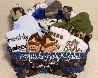 Baby Gift Basket~Baby Boy~All Things Camo~ArricksBabyCakes~Free Shipping~Gerber~Baby Blankets~Custom Onesies~Crib Shoes~DiaperCake~Shoes