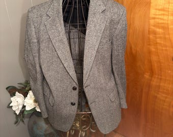 Blazer vintage Kingsridge em tweed espinha de peixe, lã pura, anos 70.