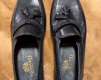 Vintage Stafford Executive Slipper aus schwarzem Leder mit Quasten | Hergestellt in Italien (Größe 9 M)
