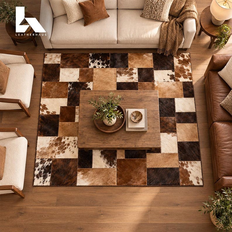 Patchwork Cowhide Rug, Brown and Tan Area Rug, Rustic Western Farmhouse ...