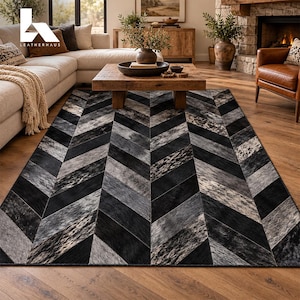 150 x 210 cm vloerkleed van rundleer met patchworkpatroon, geometrisch chevronpatroon, rustieke moderne woondecoratie