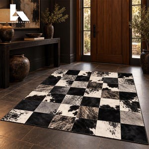 150 x 210 cm patchwork vloerkleed van koeienhuid, zwart-wit-grijs geblokt vloerkleed, westerse boerderijstijl decoratie