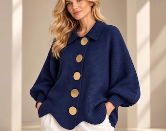 Oversized Ribbed Knit Cardigan, Gold Button Balloon Sleeve Sweater Jacket (Scalloped Hem)