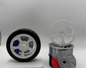 Car Wheel Fidget Spinner with Removable Squishy Tire & Display Stand, 3D Printed Desk Toy, Car Guy Gift, Red or Blue Caliper