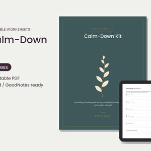 Könnte beinhalten: Ein digitales Calm-Down Kit mit 6 Seiten druckbaren Arbeitsblättern. Das dunkelgrüne Cover zeigt eine Blattillustration und den Text Calm-Down Kit, Grounding, breathing and worry worksheets to steady your system after betrayal sowie MARTH HENRY.
