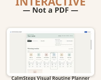 May include: A digital interactive routine planner template displayed on a screen. The interface features a morning routine section with icons for tasks like wake up, get dressed, eat breakfast, brush teeth, pack bag, and time to go.