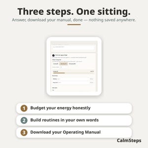 May include: A digital interface graphic titled Three steps. One sitting. featuring a central form for a work-day energy budget. Below are three numbered steps: 1. Budget your energy honestly, 2. Build routines in your own words, 3. Download your Operating Manual. The brand name CalmSteps appears at the bottom right.