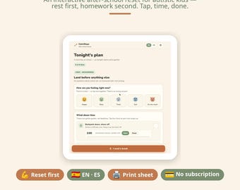 May include: A digital interface titled CalmSteps displays a Tonight's plan screen with a mood selection section featuring five emoji faces, a wind-down timer set to 2:00, and a button labeled I need a break. The text reads Homework battles start before the homework.
