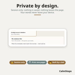 May include: A digital interface display with the text Private by design. Session-only: nothing is saved, nothing leaves the page. Your words never leave your device. It includes an input field for Evening recovery & shutdown and My summary line.