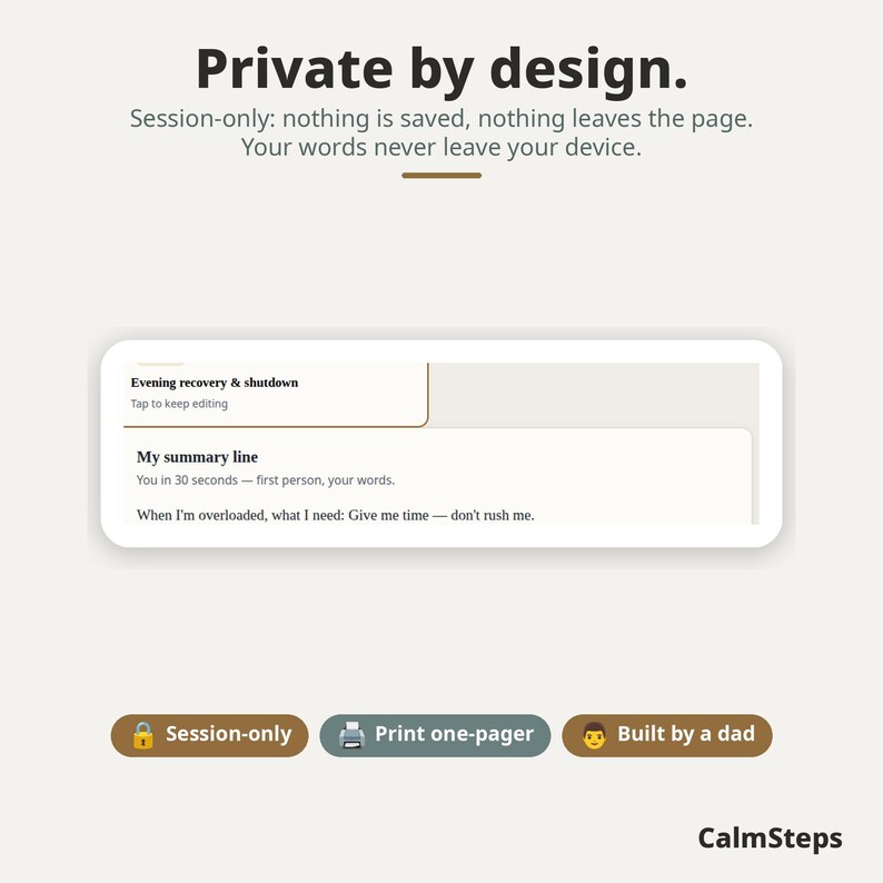 May include: A digital interface display with the text Private by design. Session-only: nothing is saved, nothing leaves the page. Your words never leave your device. It includes an input field for Evening recovery & shutdown and My summary line.