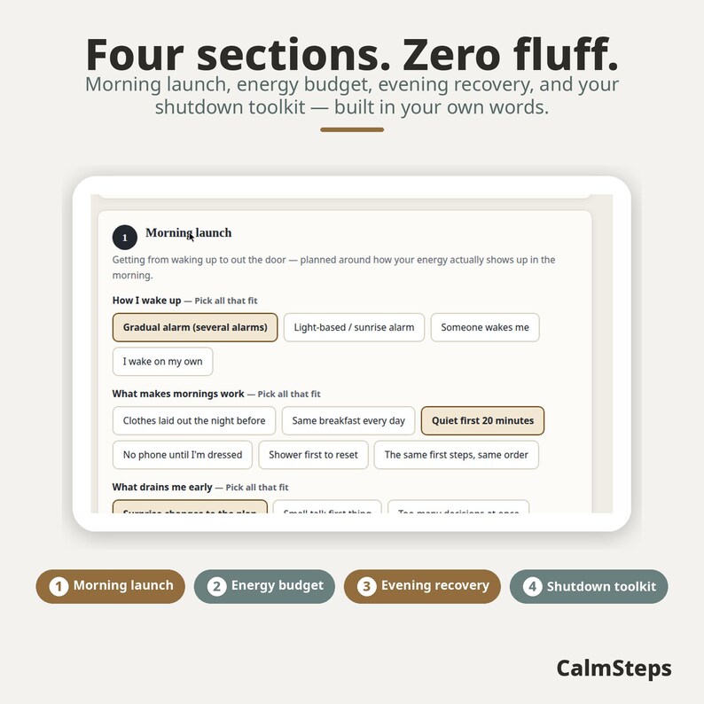 May include: A digital planning interface titled Four sections. Zero fluff. featuring a Morning launch section with checkboxes for wake-up habits, morning routines, and energy drains. Below are four circular buttons labeled Morning launch, Energy budget, Evening recovery, and Shutdown toolkit, with the brand name CalmSteps at the bottom.