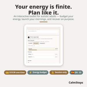 May include: An interactive digital toolkit for autistic adults titled Your energy is finite. Plan like it. The interface displays a work-day energy budget section with input fields for energy totals, a progress bar, and planned daily tasks.