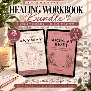 Könnte beinhalten: Ein digitales Heilungs-Arbeitsbuch-Paket mit zwei Tablets, die die Titel I'm Healing Anyway und The No-Contact Reset von Olivia Jade zeigen. Das Paket enthält 28 Tage Unterstützung, Arbeitsbücher mit 28 und 50 Seiten sowie digitale Symbole für Sofort-Download, Druck und geführte Aufgaben.