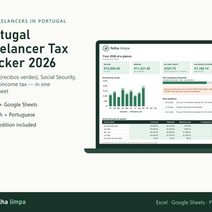 Steuer-Tracker für Freiberufler in Portugal 2026 | Recibos Verdes Excel- und Google-Tabellen-Planer | Sozialversicherung, Mehrwertsteuer & IRS-Planer