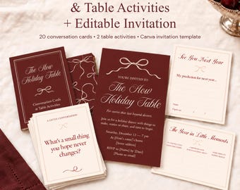 May include: A set of printable conversation cards and table activities in oxblood and cream, featuring the text The Slow Holiday Table, an editable invitation template, and cards with prompts like What's a small thing you hope never changes?