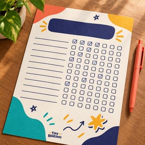 Puede incluir: Una hoja de seguimiento de hábitos en papel blanco con un encabezado rectangular azul oscuro, líneas horizontales y una cuadrícula de casillas de verificación cuadradas con algunas marcadas. El diseño incluye formas abstractas coloridas, estrellas y el texto Tiny Rebellions.