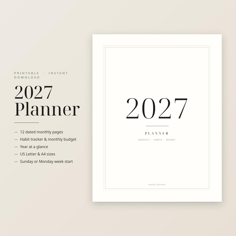2027 Dated Planner Printable, Monthly Calendar, Habit Tracker, Budget Sheet (PDF Download) image 1