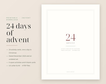 24-Day Advent Activity Cards, Christmas Countdown for Kids (PDF Download)