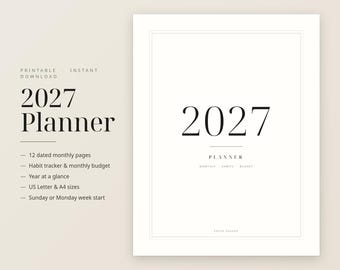 Planificador imprimible con fechas para 2027, calendario mensual, registro de hábitos, hoja de presupuesto (descarga en PDF)