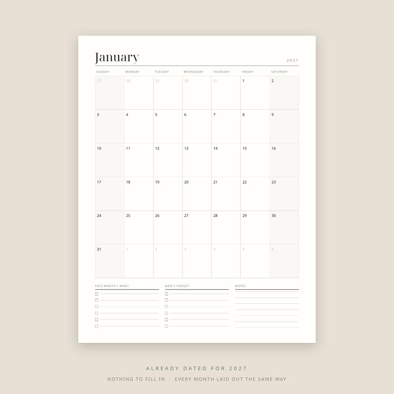 2027 Dated Planner Printable, Monthly Calendar, Habit Tracker, Budget Sheet (PDF Download) image 3