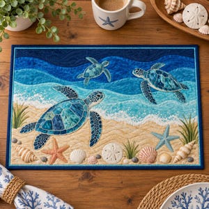 Op de afbeelding: Een rechthoekige gewatteerde placemat met een kusttafereel met drie zeeschildpadden die in blauwe oceaangolven zwemmen boven een zandstrand versierd met diverse schelpen, zeesterren en zeegras, omlijst door een donkerblauwe stoffen rand.